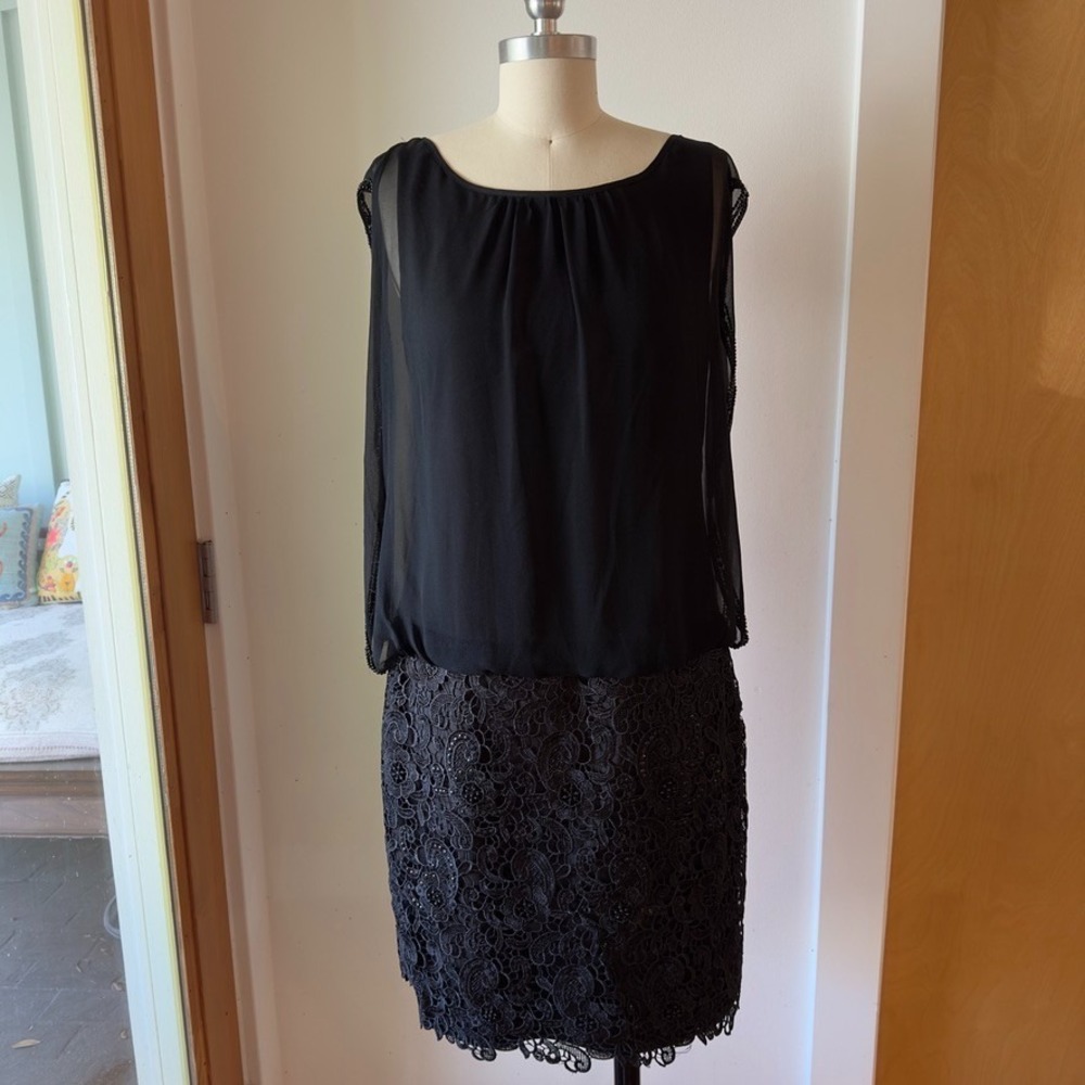 AIDAN MATTOX 100% SILK Chiffon Floral Lace Blouson Cocktail‎ Mini Dress-Black-6